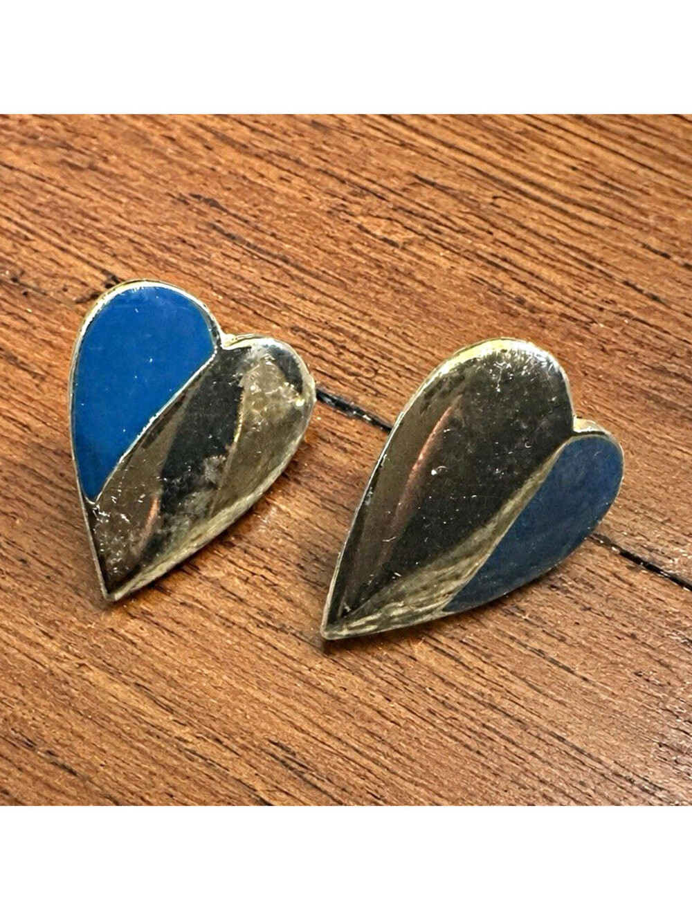 Blue Gold-Tone Enamel Heart Stud Earrings Butterfly Back Love Theme